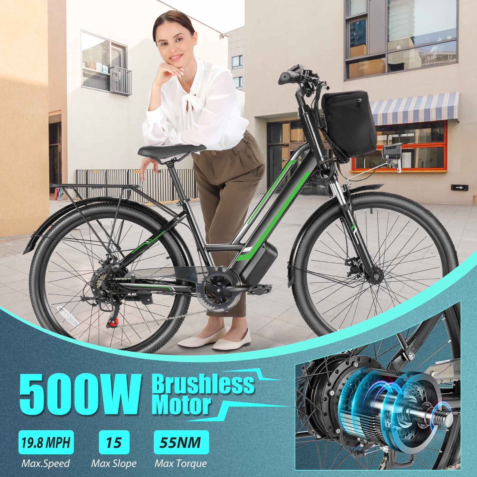 Elifine 500W Electric Bike for Adults, 26" Commuter Electric Bicycle 19.8mph City Ebike with 5 Riding Modes, 48V 7.8Ah Removable Battery UL 2849, LCD Intelligent Display Hybrid Electric Bike Green