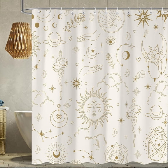 Celestial Shower Curtain Modern Sun Moon Stars Mysterious Constellation Bath Curtains for Bathroom, Boho Beige Decor Waterproof Fabric Shower Curtain with 12 Hooks, 60x72in