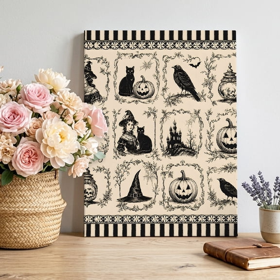 Halloween Canvas Wall Art, Vintage Beige Black Cat Spooky Pumpkin Crow Haunted Castle Framed Canvas Wall Decor Picture Print Artwork Decorations for Living Room Office Ready to Hang 16" x 12"