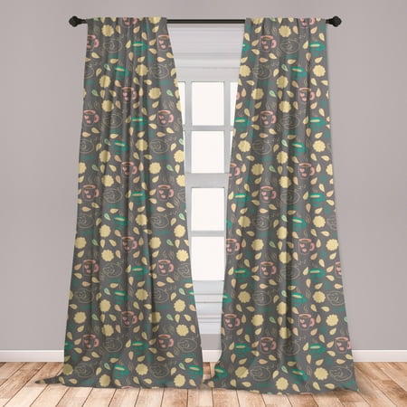 Hot Cocoa Set Coffee Curtains 2 Panels Set, Autumn Season Motifs with Hot Cocoa Coffee Cup Fallen Leaves and Sleeping Cats, Window Drapes for Living Room Bedroom, Multicolor, by Ambesonne ()