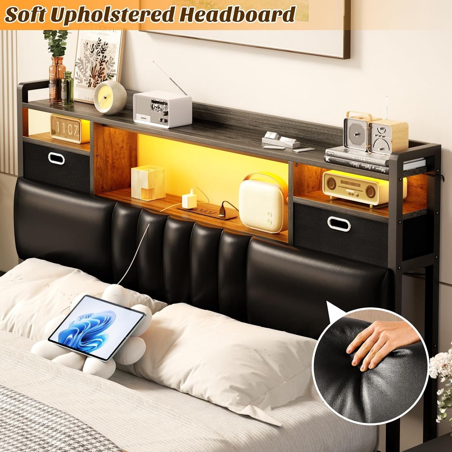 Homieasy Full Headboard with Drawer Storage and RGB LED Light, Full Size Upholstered Headboard with Charging Station and Bookcase, for Bedroom/Dorm Room/Guest Room, Black Oak
