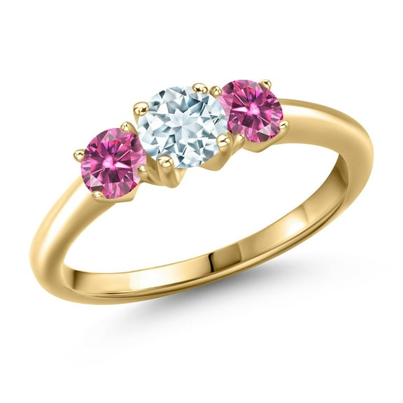 Gem Stone King 10K Yellow Gold Sky Blue Aquamarine and Pink Moissanite Engagement Ring for Women | 0.96 Cttw | Round 5MM | Gemstone March Birthstone | Size 6