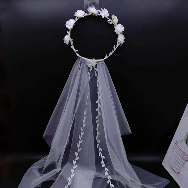 Nvzi Velo de novia para boda, guirnalda floral, velo con corona de flores, velo con corona de flores para despedida de soltera, velo para boda en la playa, blanco