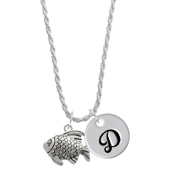 Delight Jewelry Silvertone Antiqued Fish Silvertone Script Initial Disc - D - Charm Necklace, 20"+3"