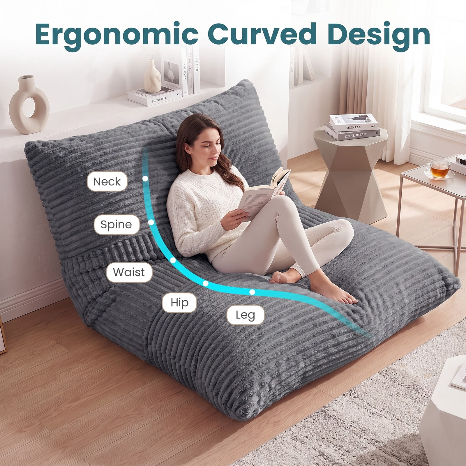 Furnibear 3-in-1 Large Bean Bag Chair, Convertible Corduroy Bed Sofa Lounger with Cozy Sponge Filling and Removable Washable Cover for Dorm Living Room Bedroom, Gray