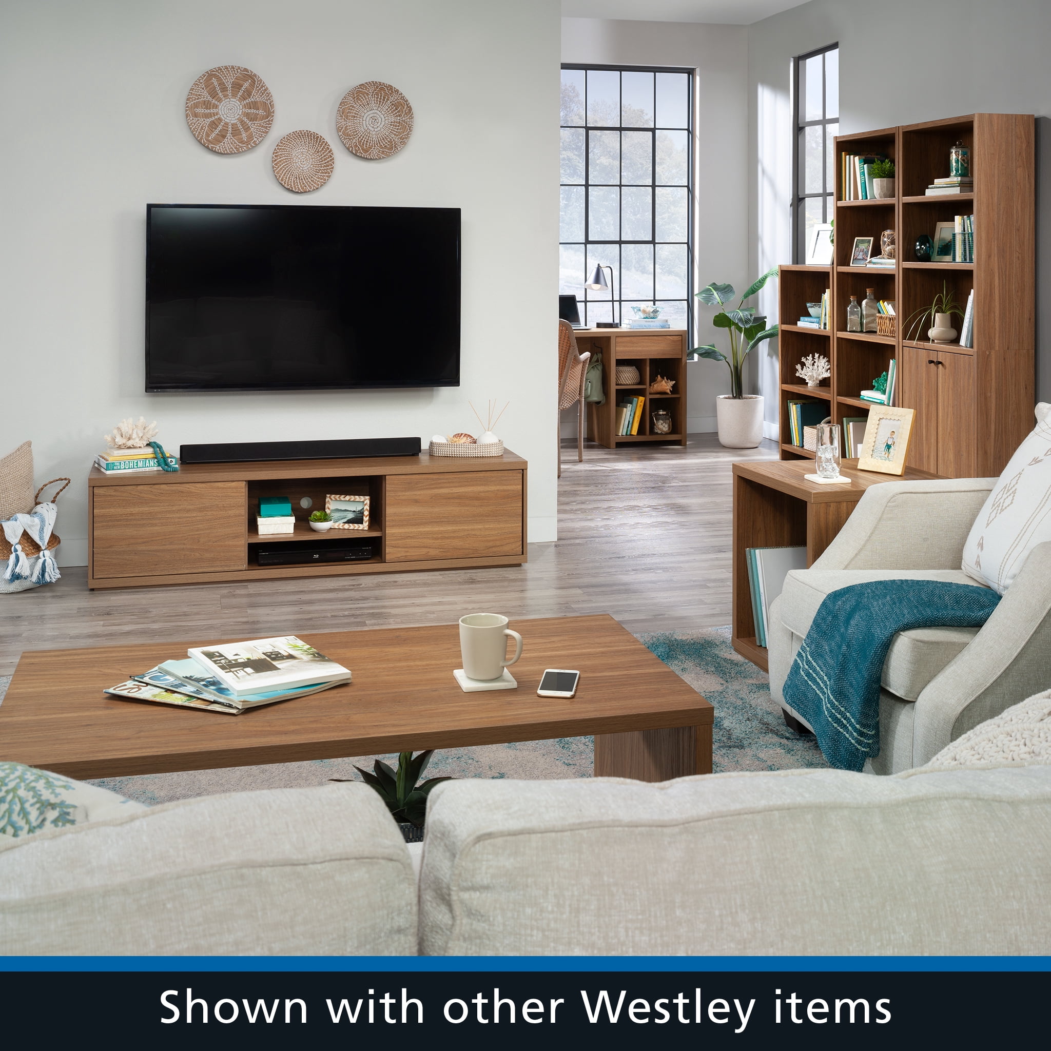 Mainstays Westley Sliding Door TV Stand for TVs up to 75”, Warm Walnut Finish