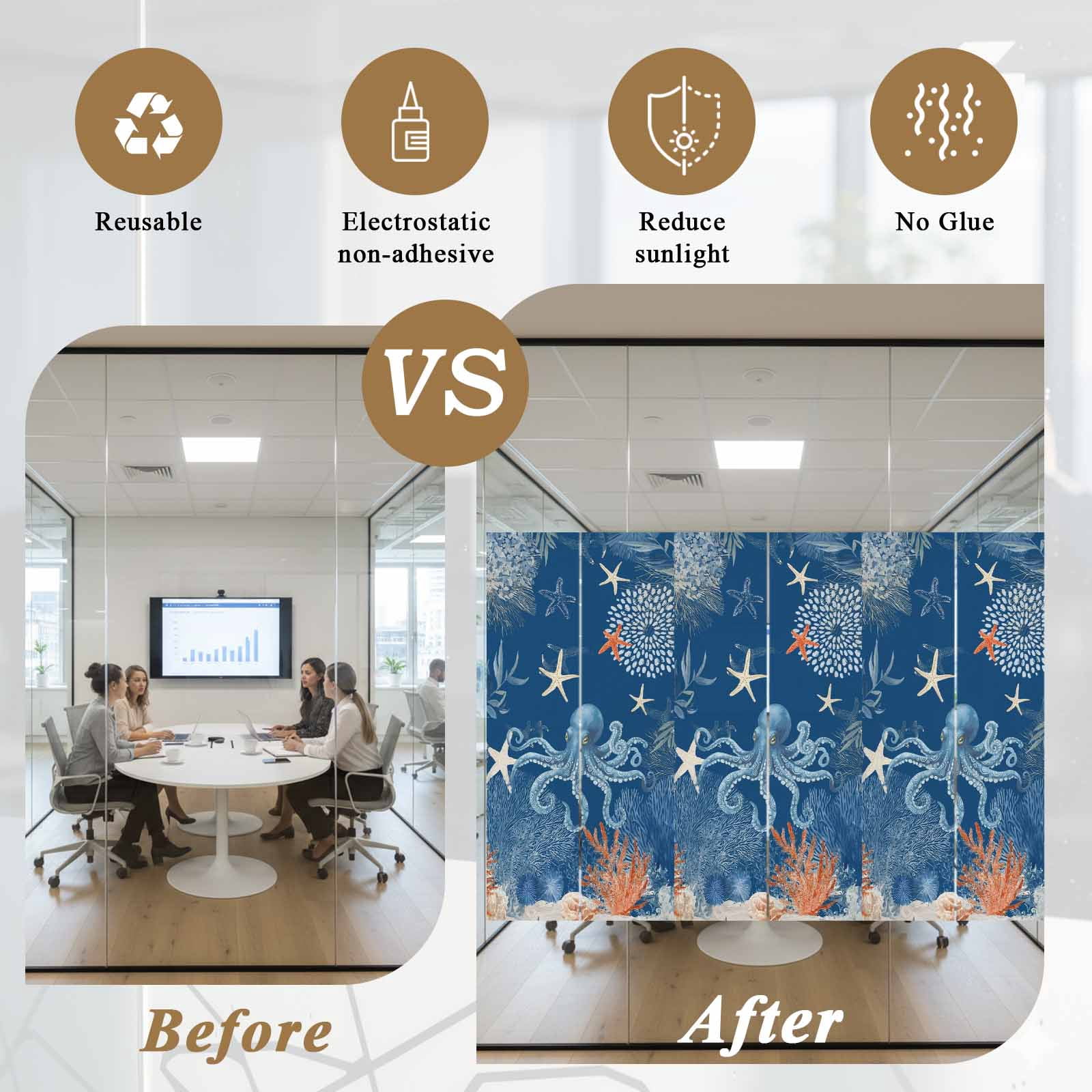 Ocean Octopus Window Privacy Film, Summer Orange Blue Sea Animal Corals Dark Blue Frosted Glass Window Clings Static Cling UV Heat Blocking Reusable Door Sticker for Bathroom 29.5 x 118 Inch