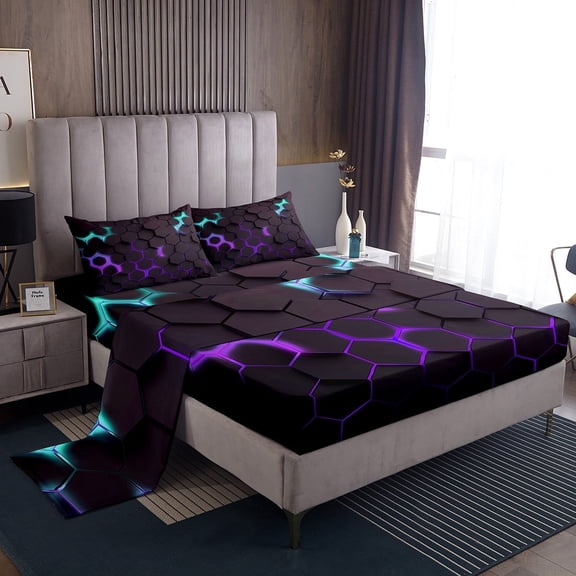 Erosebridal Geometric Honeycomb Twin Sheet Sets, Gradient Purple Blue Hexagon Bedding Twin Size 3-Piece