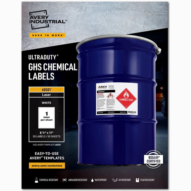 Etiquetas químicas Avery UltraDuty GHS para impresora láser, paquete de 50