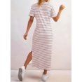 thumbnail image 5 of Women'S Crew Neck Short Sleeve All-over Striped Side Split Loose Midi Casual Dress Red & White. XL, 5 of 6