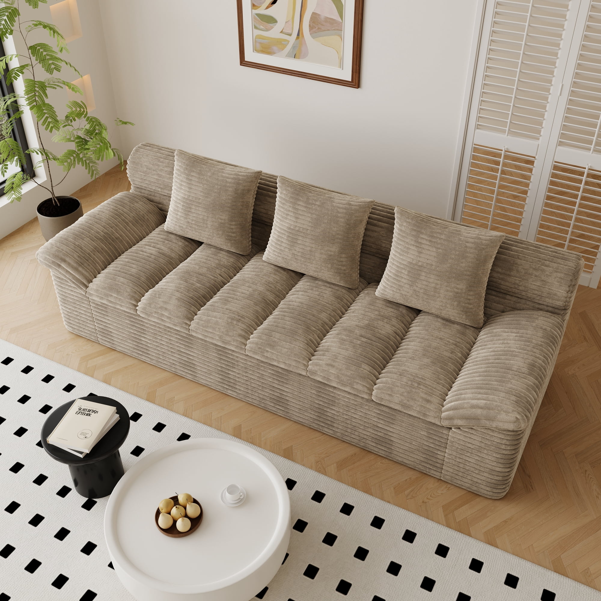 Leumius 3 Seater Boneless Couch for Living Room, Upholstered Corduroy Fabric Loveseat Couch with Deep Seats,Cloud Sofa for Living Room,No Assembly Required,Camel