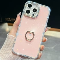 for iPhone 14 Case for Women, Glitter Back & Diamond Frame, Slim TPU Shockproof Cover with Ring Kickstand, Stylish Sparkly for Girls, Drop Protection Anti-Scratch Phone Case, Light Pink