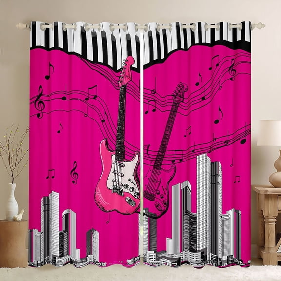 Feelyou Pink Guitar Black Out Curtains, Piano Musical Note Curtains Pack of 2 (42x63 Each)