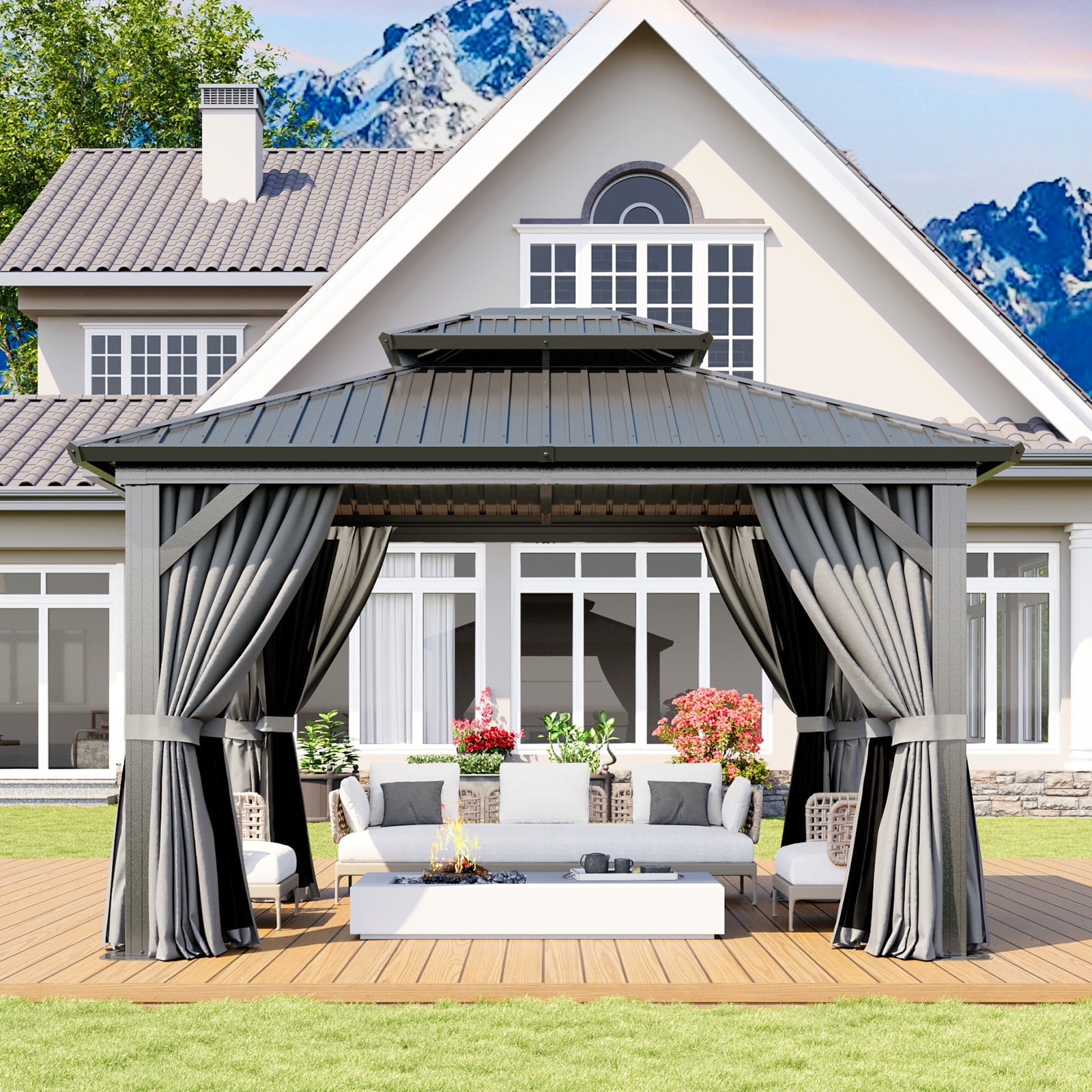 Dateyes 10x12 FT Outdoor Hardtop Gazebo, Aluminum Frame Gazebo with Removable Mesh Walls and Curtains for Patio, Lawns, Gray
