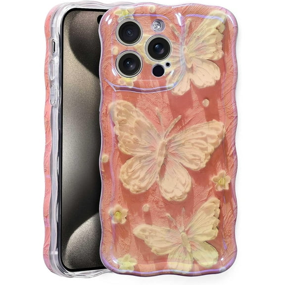 Case for iPhone 14 Pro Max,Retro Oil Painting Phone Case,Wavy Edge Shiny Gloss 3D Looking Butterfly Pattern iPhone 14 Pro Max Case,Sturdy Fit Protective Case for Girls Women,Pink