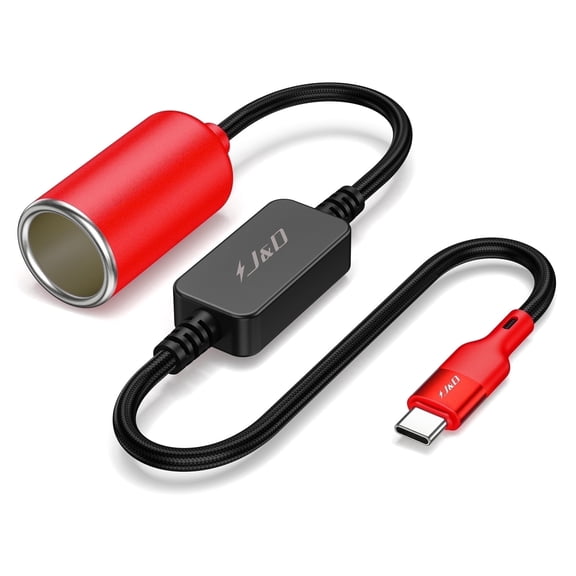 J&D USB-C To 12V Car Cigarette Lighter Converter, 18W Power Cable for Dash Cam, GPS, Red, 1 ft