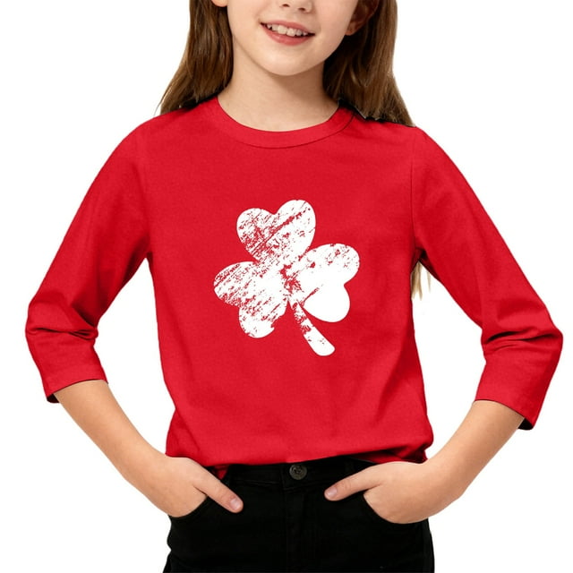 T-Shirt Fille Fête de la Saint-Patrick, Mignon T-Shirt Graphique à Manches 3/4 Col Rond avec Imprimé Irlandais, Hauts Décontractés Printemps Été pour Vacances, Fête d'Anniversaire et Usage Quotidien Rouge 110