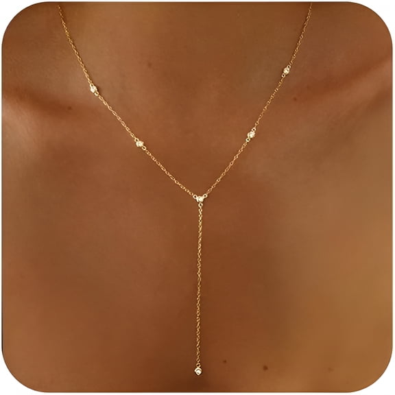 DESIGNICE Lariat Necklace for Women,Dainty Gold Long Necklaces 14K Gold Plated Bead Y-Shaped Drop Chain Necklace Simple Gold Layered Necklaces for Women Trendy Gold Jewelry Gifts for Women