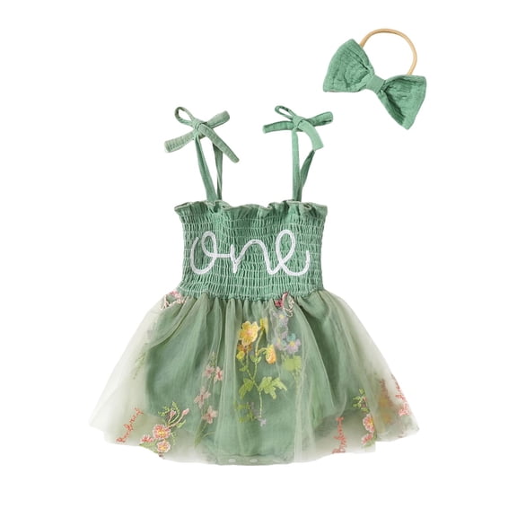 RMGVDSD Baby Girl First Birthday Outfit Summer Sleeveless Floral Embroidered Tulle Romper Dress With Headband Infant One Year Clothes 6-12 Months
