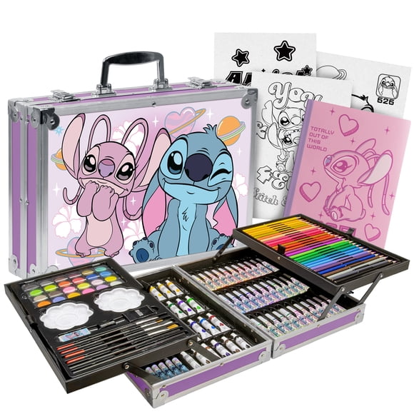 Berry Hip Maletín de Arte Profesional de Disney Stitch y Angel, Set de 145 Pzas, Marcadores, Acuarelas, Pinturas Acrílicas, Lápices de Color, Crayolas, Pinceles, Sacapuntas y Bloc para Colorear.