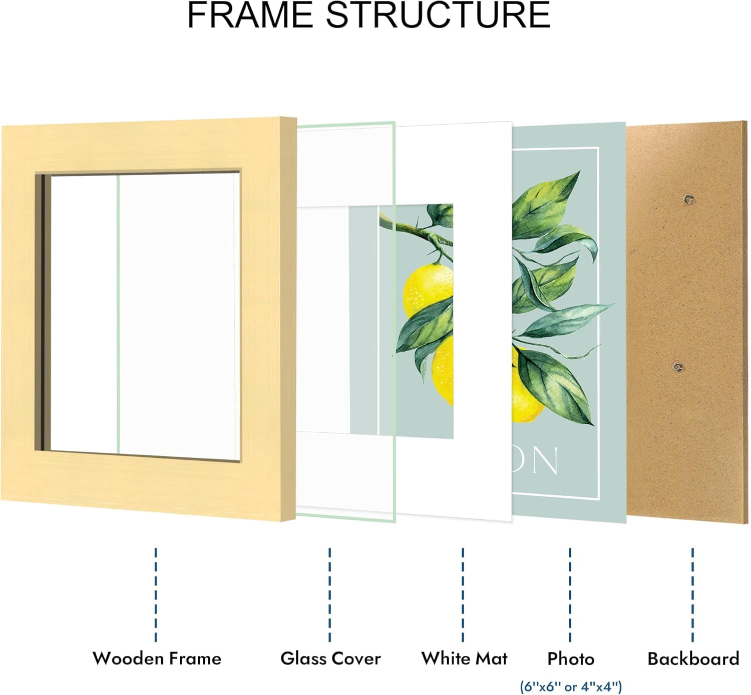 6x6 Picture Frame Set of 2, Made of Real Glass and Gold Wooden Frame - Display Square 4x4 with Mat or 6x6 Without Mat, 6 by 6 Photo for Wall or Tabletop