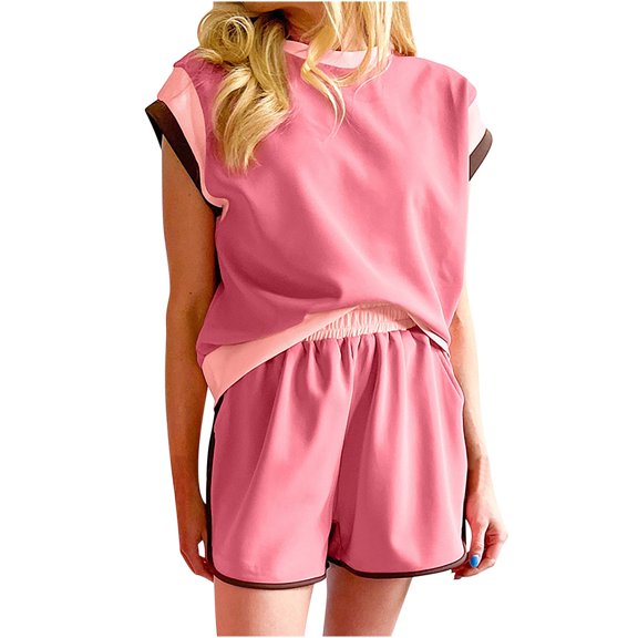 Njoeus Tow Piece Sets for Women Color Block Summer Outfits Short Sleeve Top with Shorts Women Sweatsuit Workout Set Casual Tracksuits S-XXL On Clearance