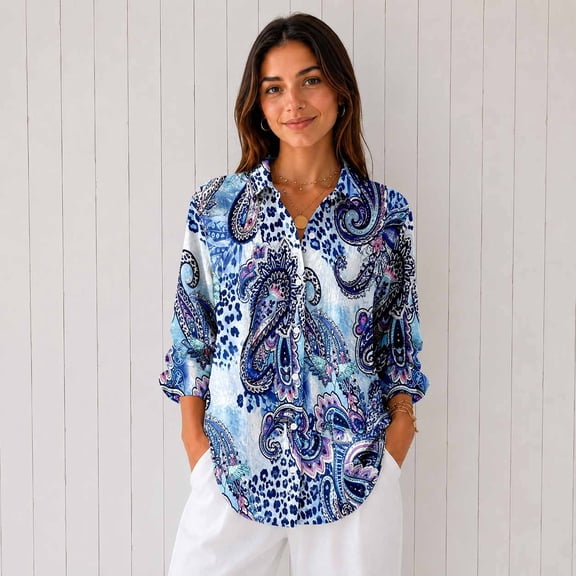 Women's Long Sleeve Button Down Shirt Casual Printed Blouse