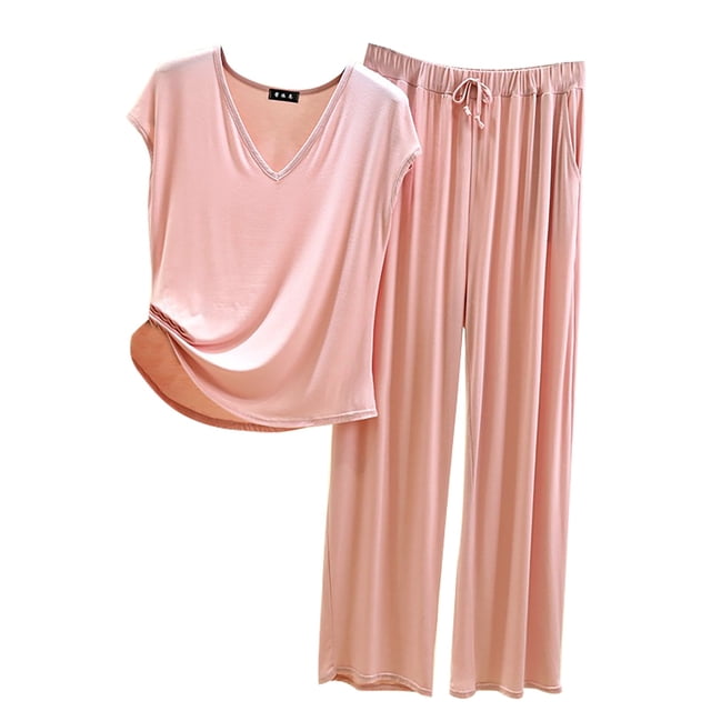 Ensemble de Pyjama pour Femme 2 Pcs Assorties Haut à Manches Courtes et Pantalon avec Poches