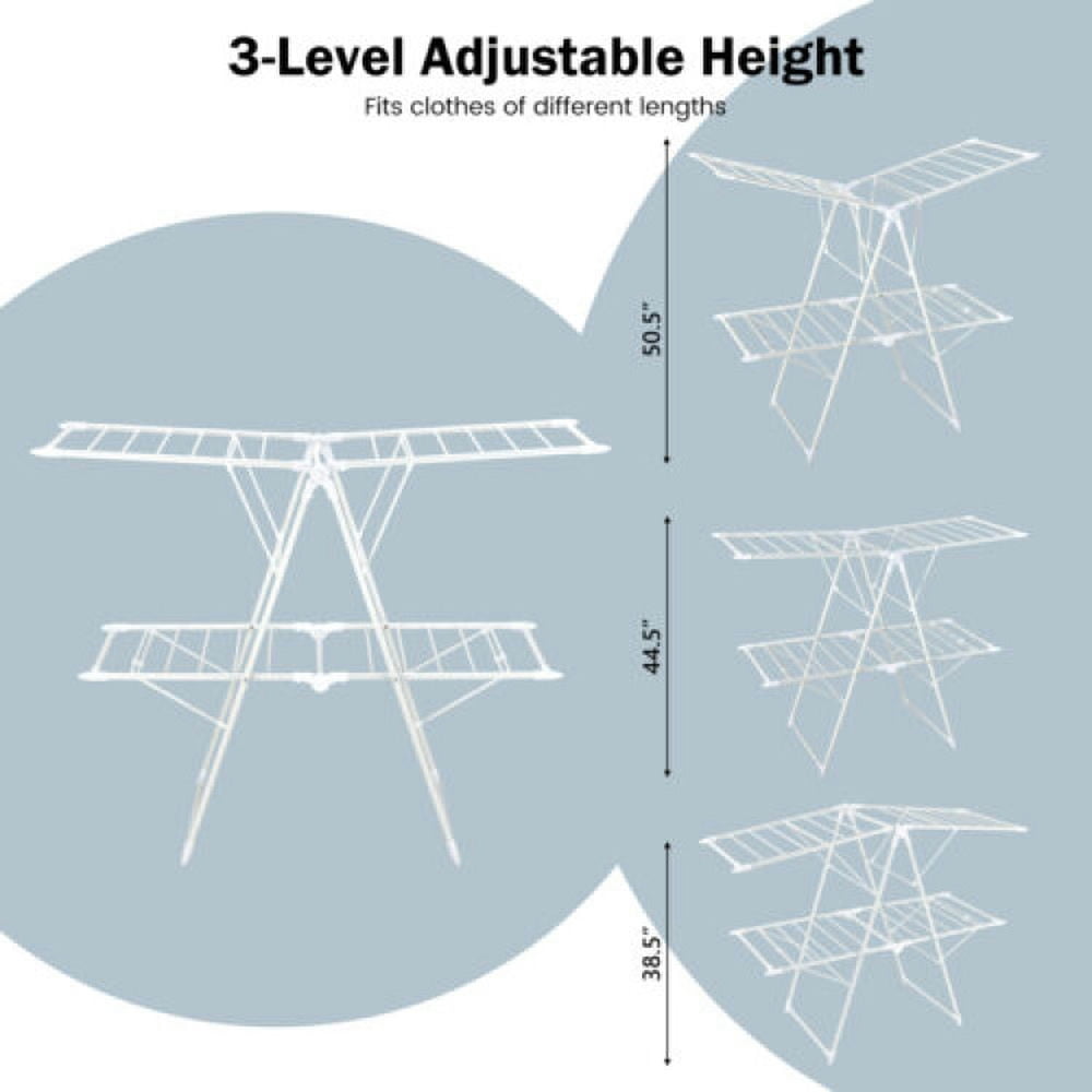 Finihen Drying Rack, Clothes Drying Rack, 2-Level Foldable Clothes Drying Rack with Height-Adjustable Gullwings, for Indoor, Outdoor, White Finihen Drying Rack, Clothes Drying Rack, 2-Level Foldable Clothes Drying Rack with Height-Adjustable Gullwings, for Indoor, Outdoor, White