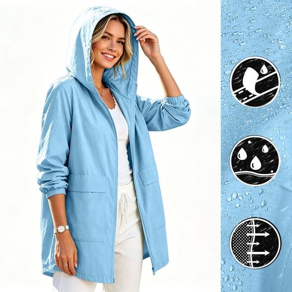 Light Packable Rain Jacket Women Waterproof, Hooded Windbreaker Raincoat With Functional Pockets For All Outdoor Activities Blue XL