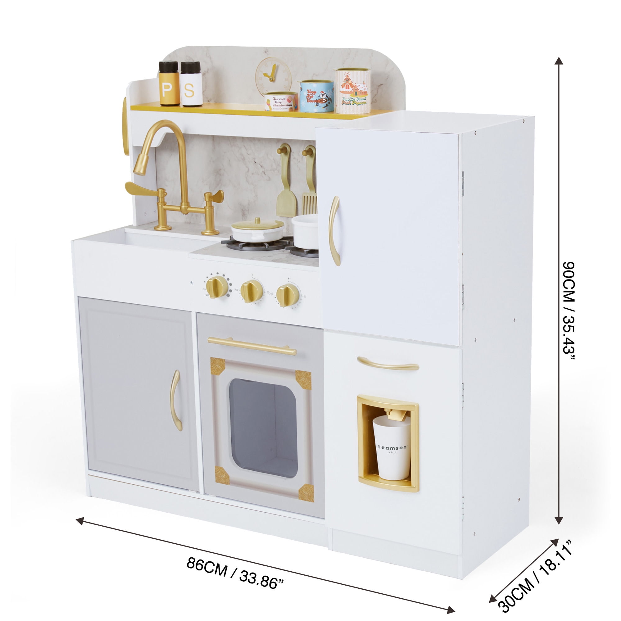 Teamson Kids Play Kitchen Set with Refrigerator, 17 Accessories, Interactive White Pretend Play Wooden Kitchen with Gold Tap - Little Chef Versailles