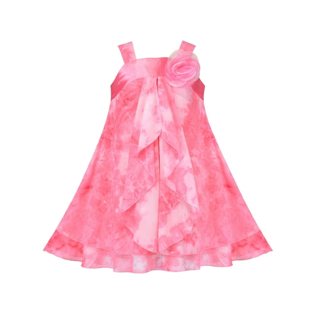 Girls Dress Pink Spaghetti Ruffle Flower Tie-Dye Sleeveless 4 Years