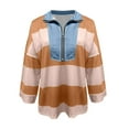 thumbnail image 5 of Women Plus Size Striped Tee Shirts Half Zip Long Sleeve V Neck Color Block Loose Fitting Casual Pullover Tee Tops,Khaki,M, 5 of 5