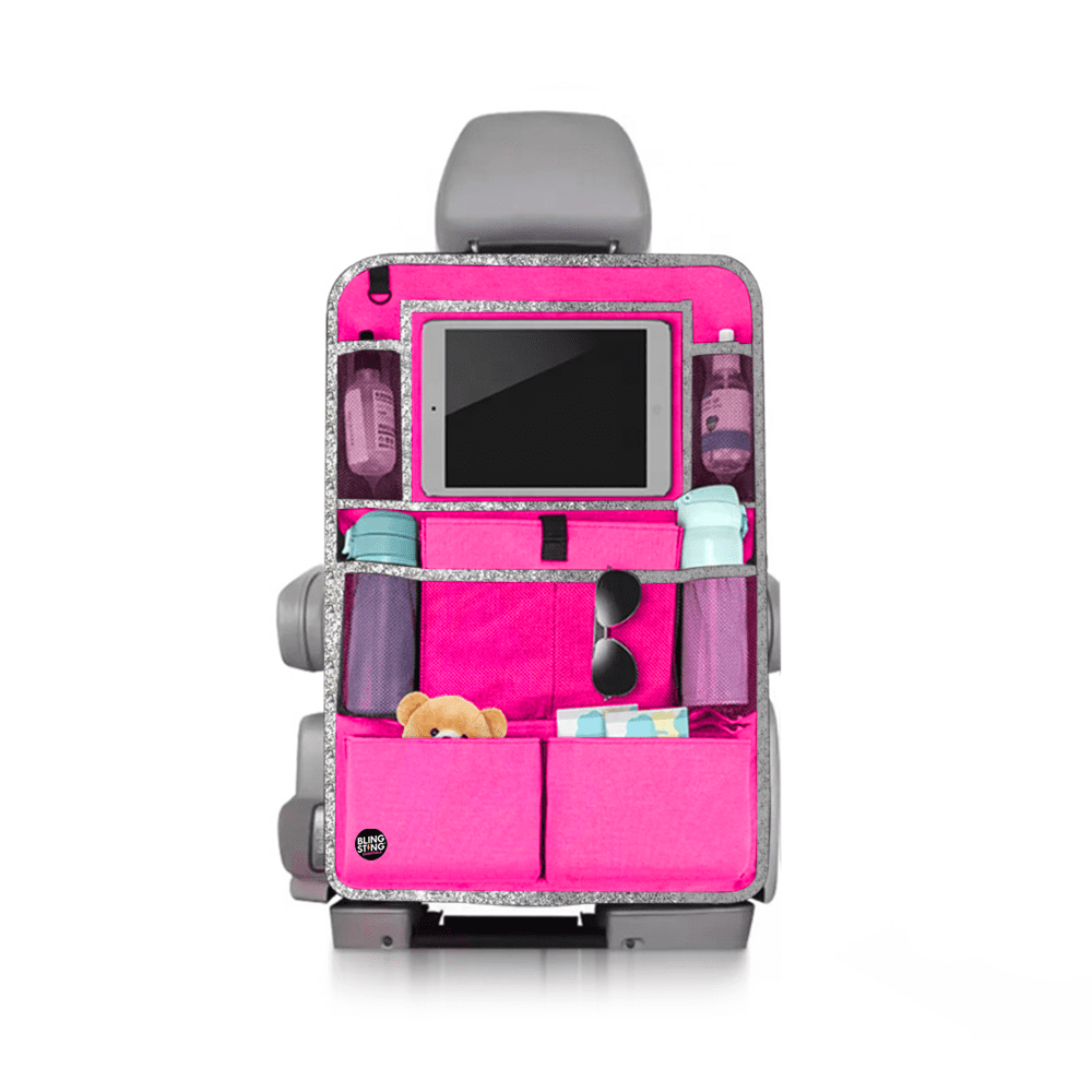 BLINGSTING Car Seat Back Organizer with Heavy-Duty Oxford Fabric, Adjustable Strap, Tablet Holder, Hot Pink 24 x 16