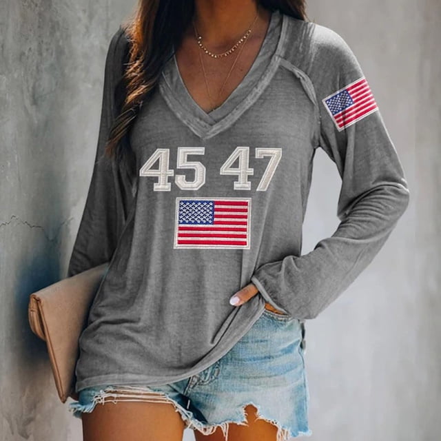 IDALL Chandail en Molleton pour Femmes Manches Longues T-Shirts Graphiques Rétro 45 47 Imprimé Chandail en Molleton 45 47 Col en V 45 47 pour Président Chandail en Molleton T-Shirts Tenues Automne Gris 2TG