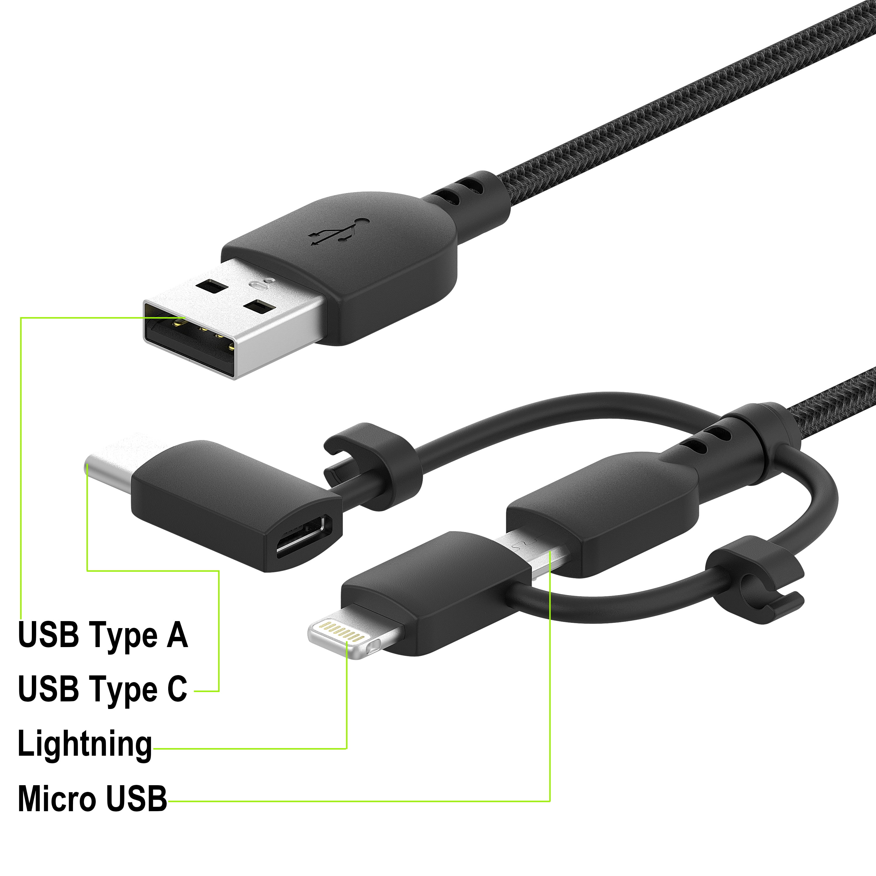 onn. 3' Tri-tip to USB Cable, Black