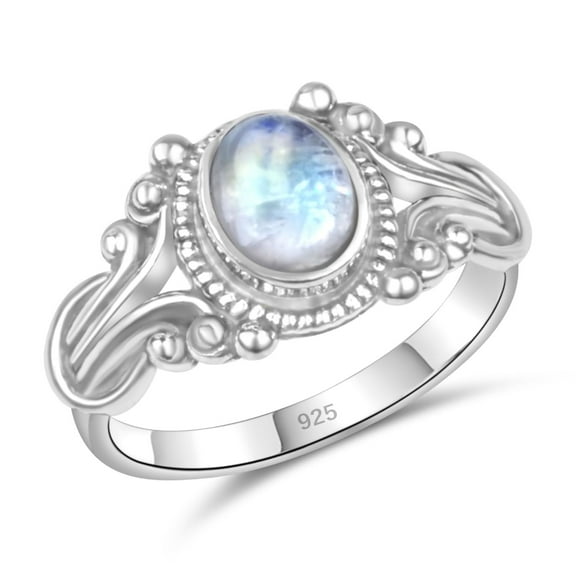 KIRTI GEMS 925 Sterling Silver Crystal Stacking Dainty Ring, Handmade Boho Vintage Design, Select Size 5-10 (Moonstone, 5)