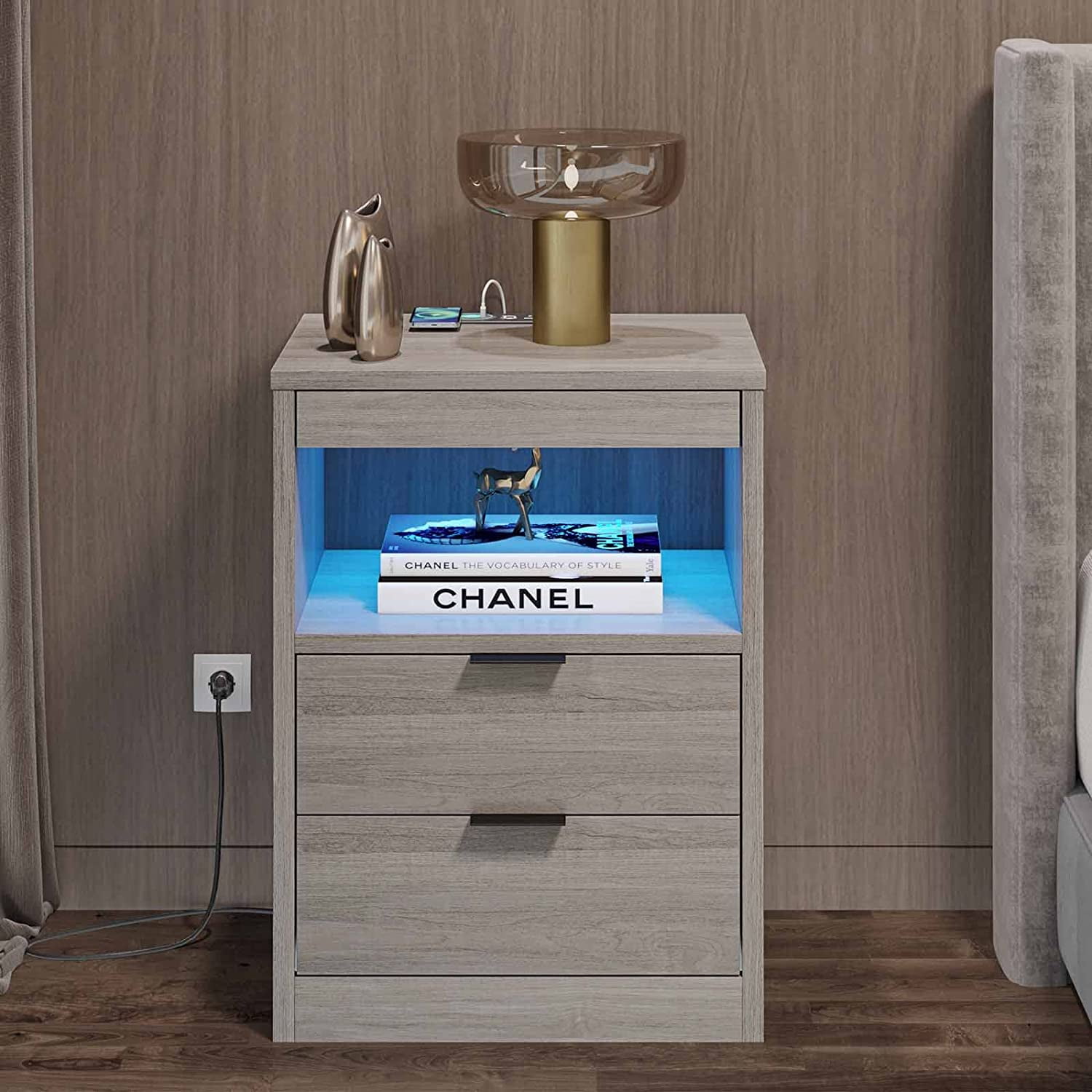Afuhokles Nightstand with Wireless Charging Station and LED Lights, Gray Night Stand with 2 Drawers and Open Storage for Bedroom, Bedside Table with Pull-Out Shelf