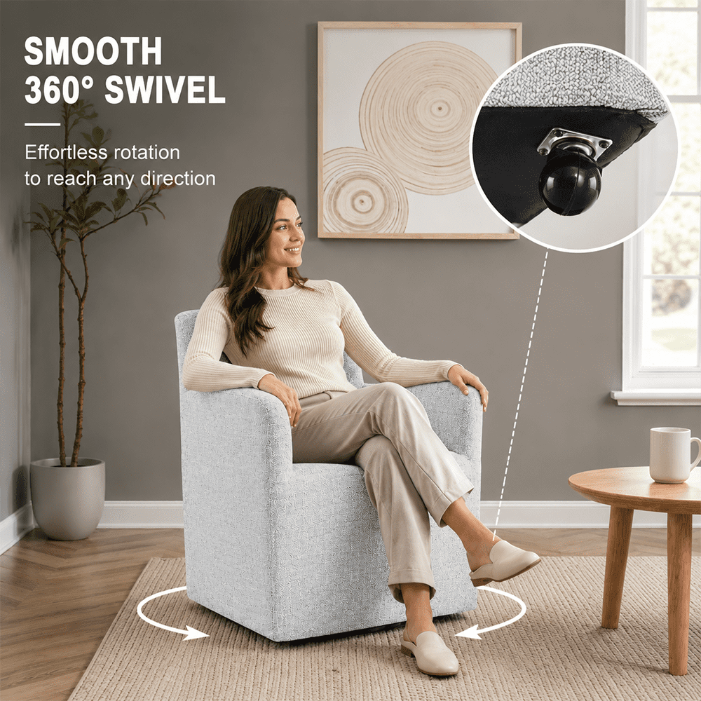 Aenkyo Upholstered Dining Arm Chair with Casters, Barrel Back Rolling Accent Chair, Feather Gray