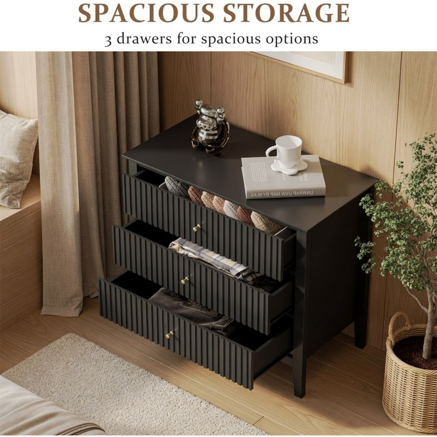 Hommoo 32"W Wooden Fluted 3-Drawer Nightstand, Large Modern Bedroom End Table, Black