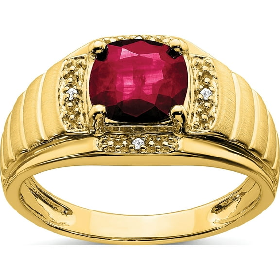 14K Yellow Gold Cushion Created Ruby And Diamond Mens Ringsize 10 (Width 2.7 To 11.4) - Jbsp