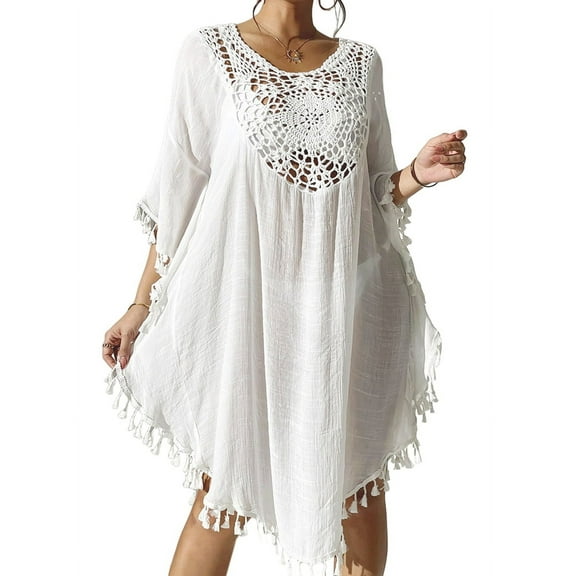 Tassel Swimsuit Cover Up Dress for Women Bohemian Bathing Batwing Hollow Out Crochet Beach Outfits White One Size
