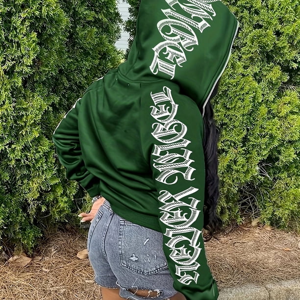 Zip Up Loose Hooded Sports Sweatshirts,Letter Graphic Y2k Style Long Sleeve Top Solid Color Hoodie Jacket,Women's Sporty Sweatshirts