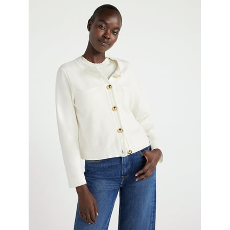Free Assembly Women’s Chest Pocket Cardigan Sweater with Long Sleeves, Midweight, Sizes XS-XXL