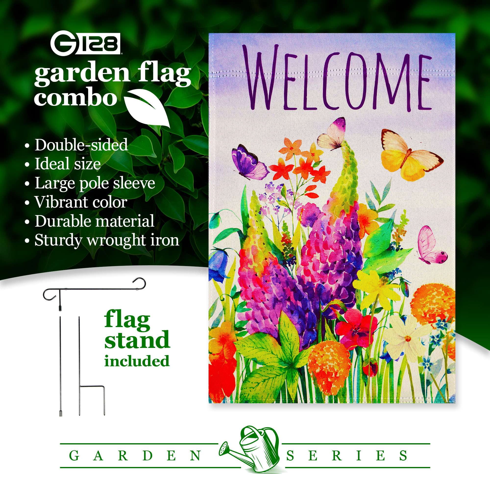 G128 Combo Pack Garden Flag Stand Black 36x16IN & Garden Flag Spring Floral Butterfly Welcome Printed 12x18IN Double Sided Yard Garden Lawn Decoration