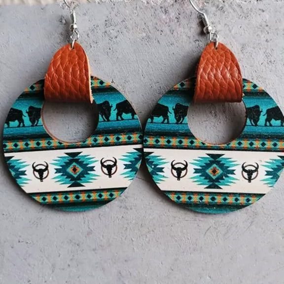 New Genuine Leather Wrap Aztec Patterns Ethnic Bull Head Wood Statement Earrings