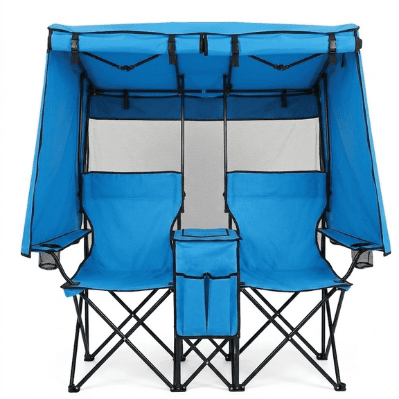 Two-Person Camping Chair With 4 Side Canopy, Folding Seat With Cup Holders & Cooler Bag, Folding Loveseat For Outdoor Picnic Barbecue Camping Beach Fishing