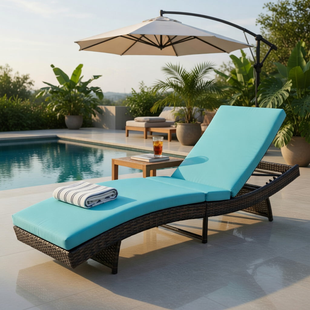 Hommoo Adjustable Folding Rattan Chaise Lounge Chair with Removable Cushion, Outdoor Patio, Poolside & Deck Lounger, Turquoise