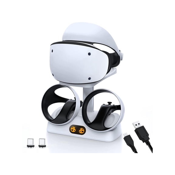 Controller Charging Station for PSVR2, Dual Fast Charger Dock with LED Light, Headset Display Stand and Controller Mount, Magnetic Connector, USB to Type-C Cable, White