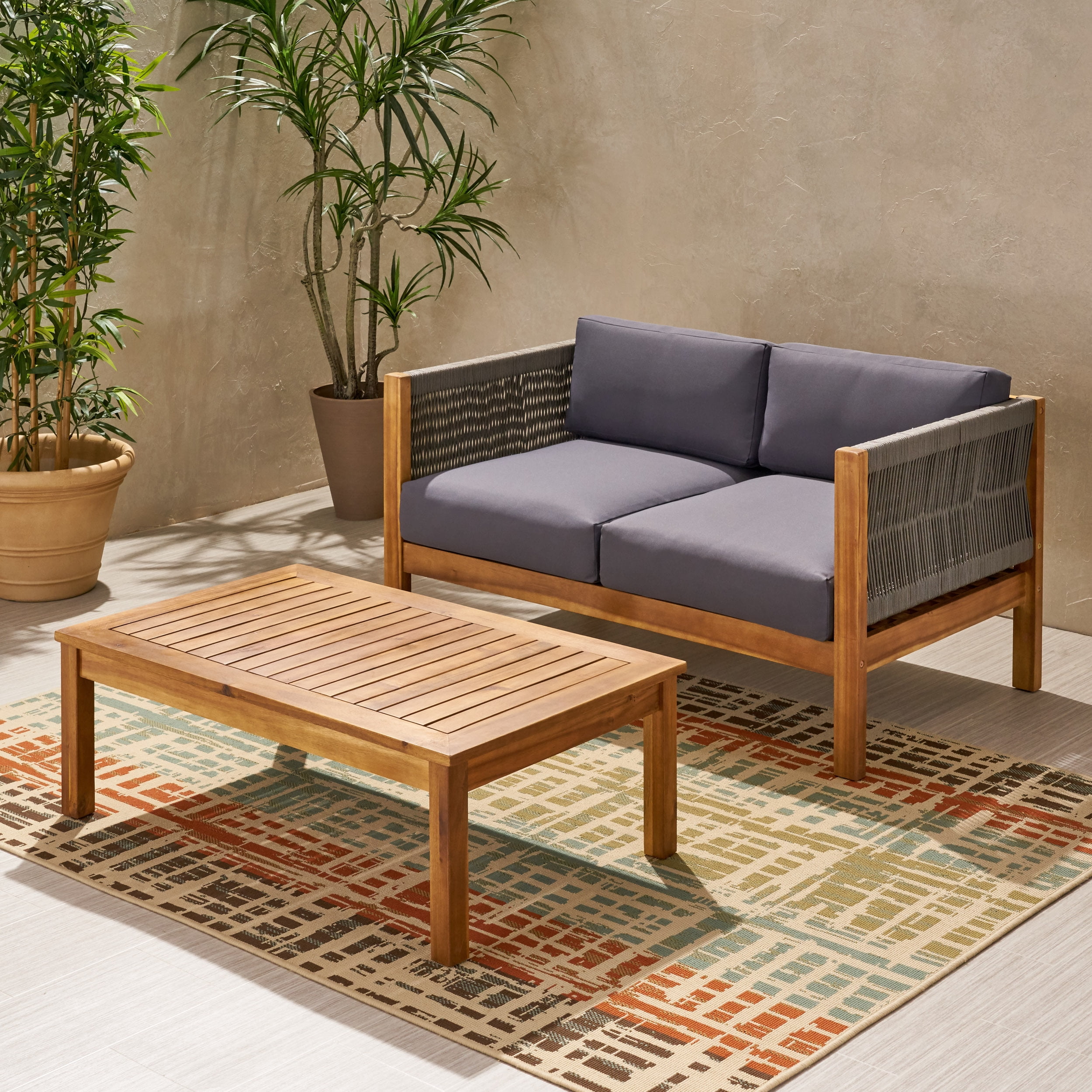 Outdoor Double Sofa and Coffee Table Leisure Set, Acacia Wood and Rattan Integrated Furniture for Patio Garden, Gray and Beige